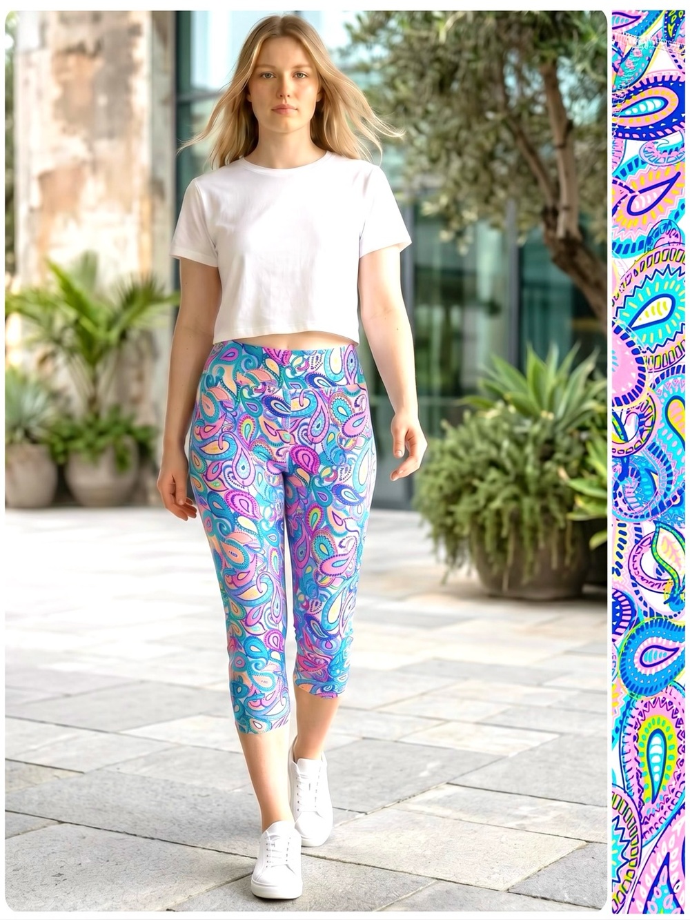 Lulu B Cropped Leggings Tummy Control UPF50+ Cooling Effect Pre-Shrunk Paisley
